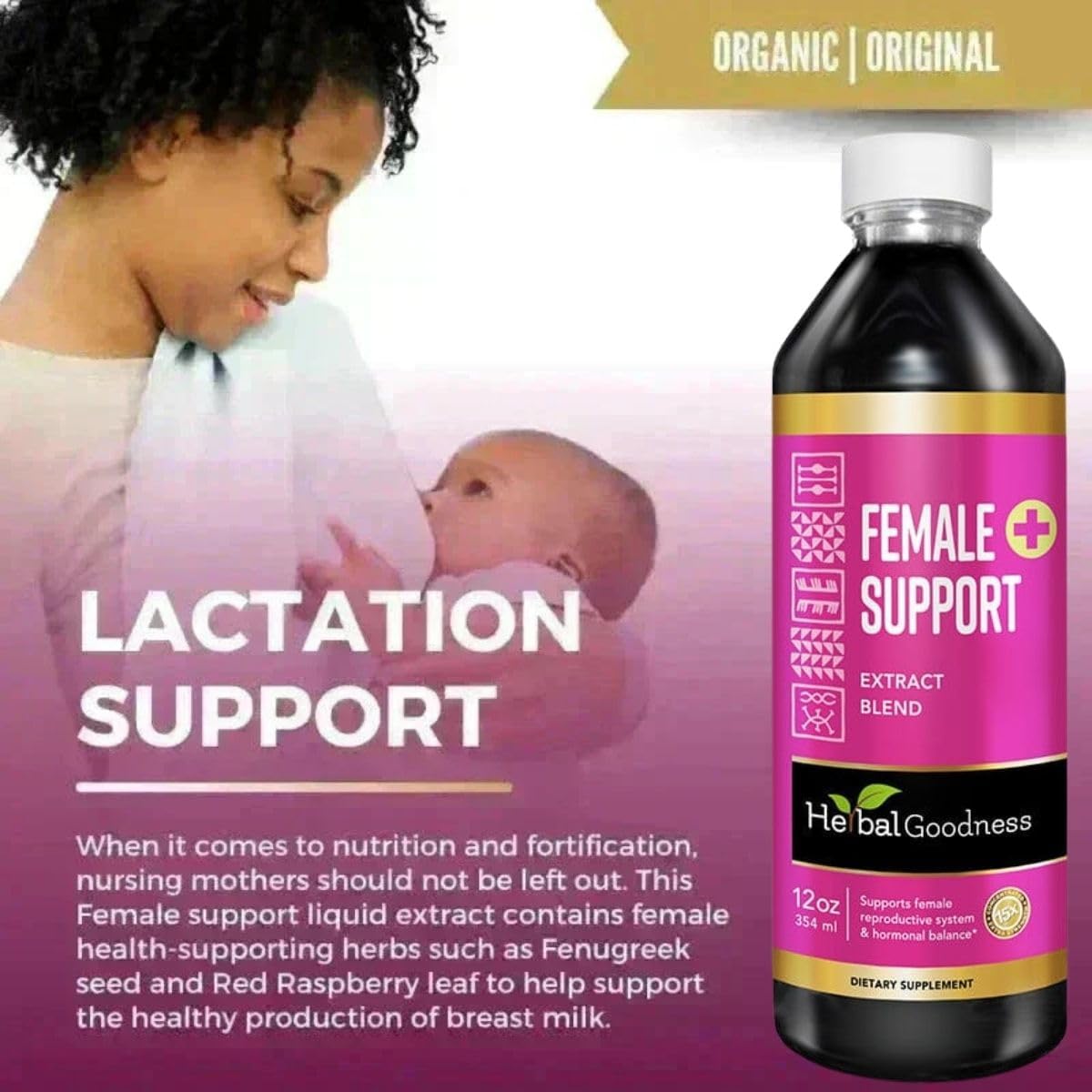 Herbal Goodness Female Support 12 fl. oz – Organic Herbal Supplement for Hormonal Balance, PMS, Menopause Relief, Gut & Reproductive Health – Maca, Vitex, Ashwagandha, Raspberry Leaf