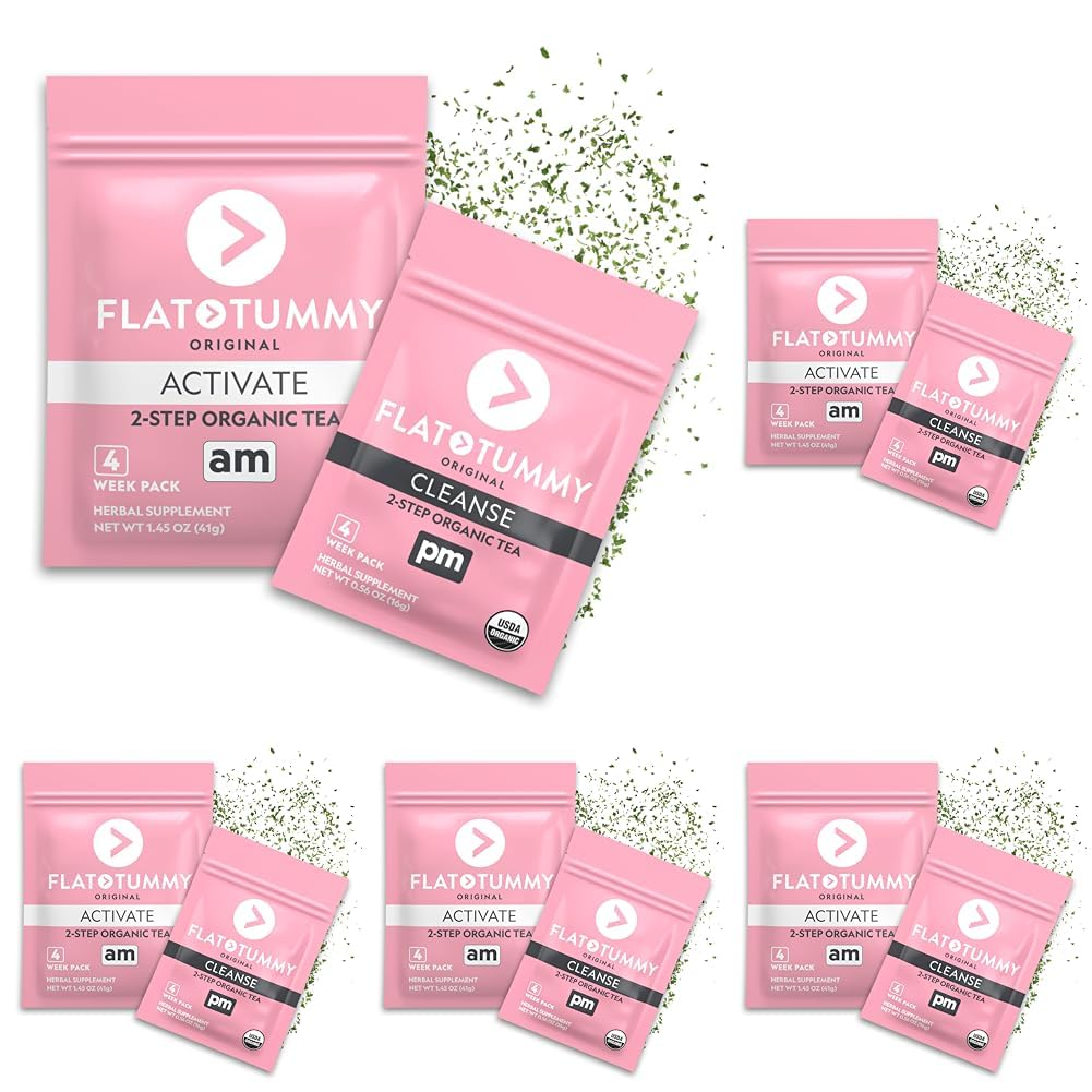 Flat Tummy Tea – 2-step, 4 Week Program – Detox Tea to Boost Energy & Reduce Bloating* - All Natural Detox Cleanse w/Green Tea, Lemon Balm, Dandelion, Fennel, & More - Digestion support (Pack of 5)