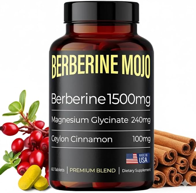 Berberine 1500mg Supplement with GLP-1 & Glucose Support - Berberine HCL, Magnesium Glycinate, Ceylon Cinnamon - Sugar Control & Weight Management Herbal Supplements - Made in USA, 60 Tablets
