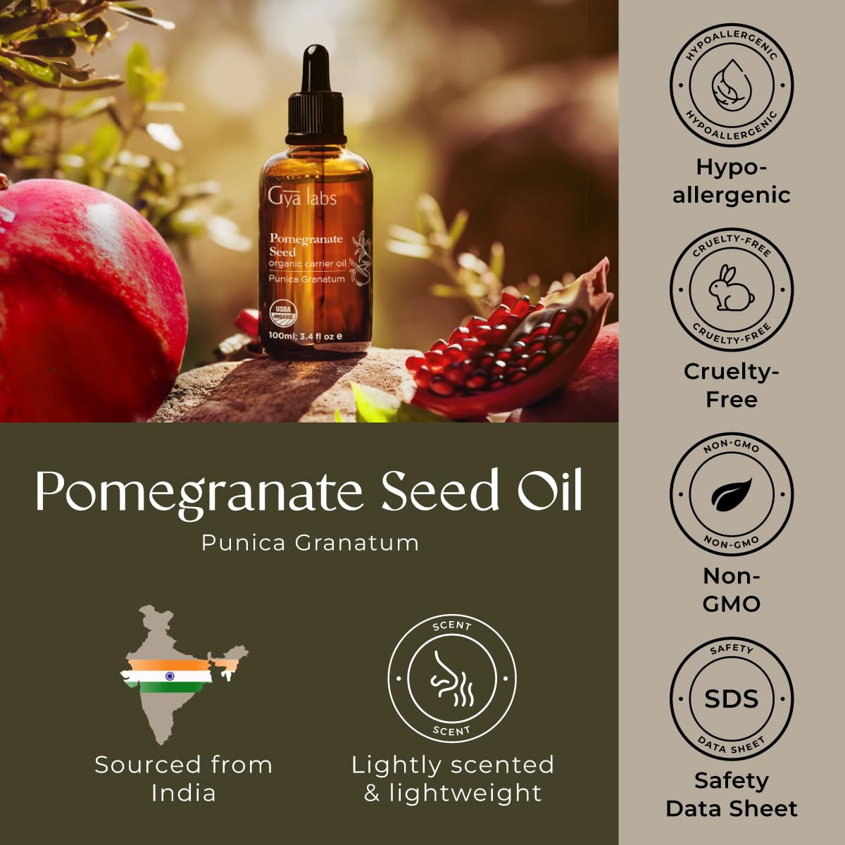 Gya Labs Organic Pomegranate Seed Oil for Skin, Face & Body - 100% Pure Natural Pomegranate Carrier Oil for Hair, Diffuser (3.4 Fl Oz)