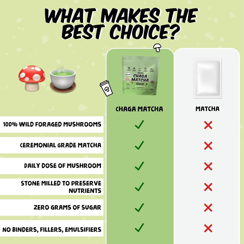 Renude Chaga Matcha and Chagaccino - Chaga Mushroom Powder for Coffee and Matcha, Mushroom Drink Mix with Adaptogens, Natural Energy and Immune Support, Vegan, Keto - 15 Servings Each