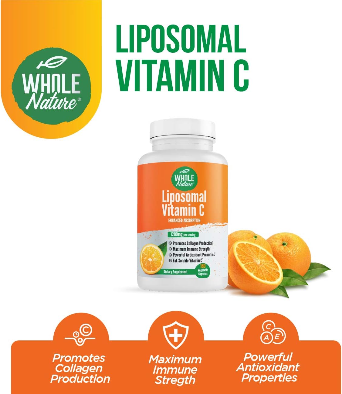 Liposomal Vitamin C Supplement Pills 1200 mg - High Absorption 180 Vegan Capsules Fat Soluble VIT C, Maximum Strength Immune System and Collagen Booster, Sunflower Lecithin