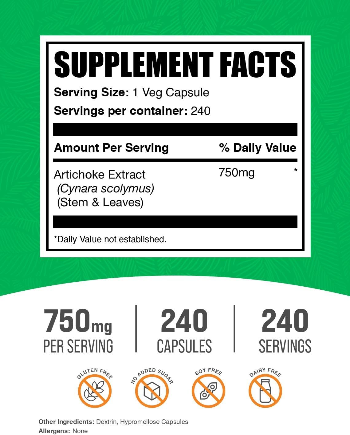 BulkSupplements.com Artichoke Extract Capsules - Artichoke Supplement, Artichoke Pills - for Liver Support, Vegan, 1 Capsule per Serving, 240 Veg Capsules (Pack of 1)