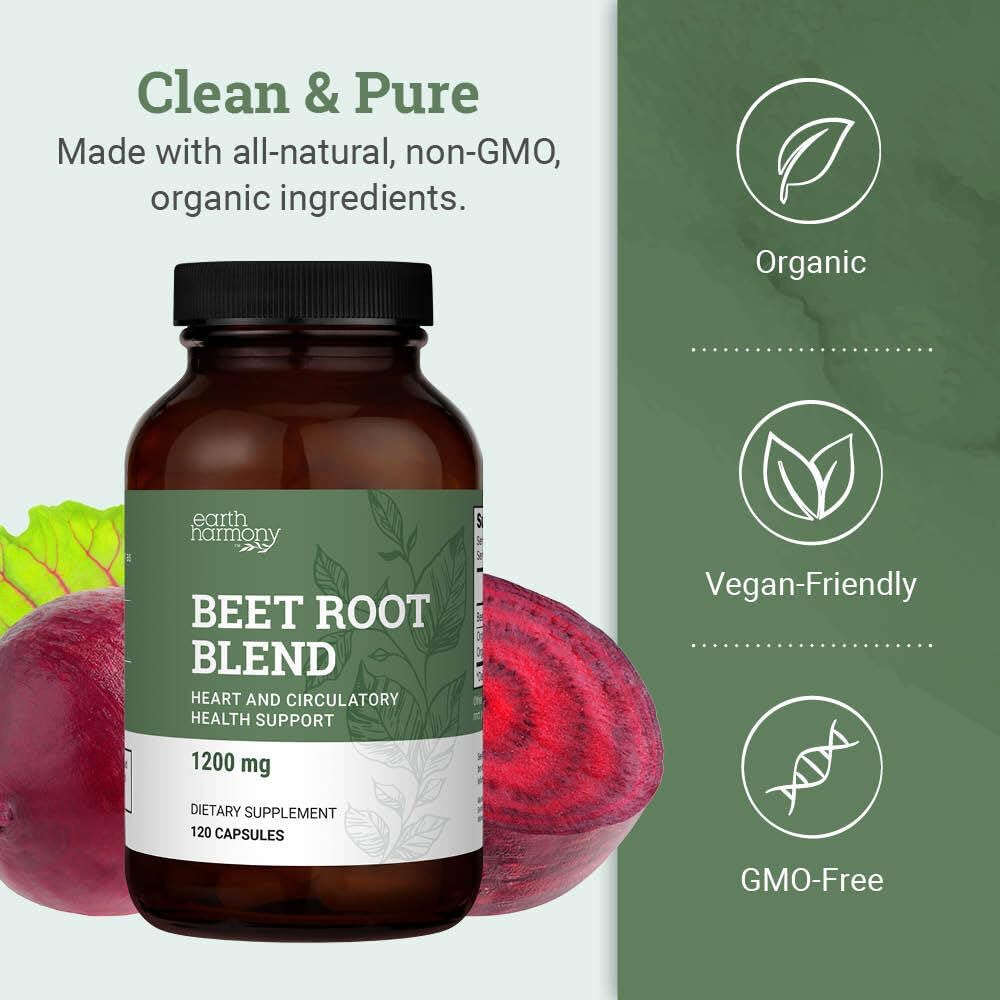 Organic Beet Root Capsules 1200 mg - Beet Root Powder & Juice Blend Supplement for High Blood Pressure and Circulation, Blood Flow Supplement for Men and Women - 120 Capsules