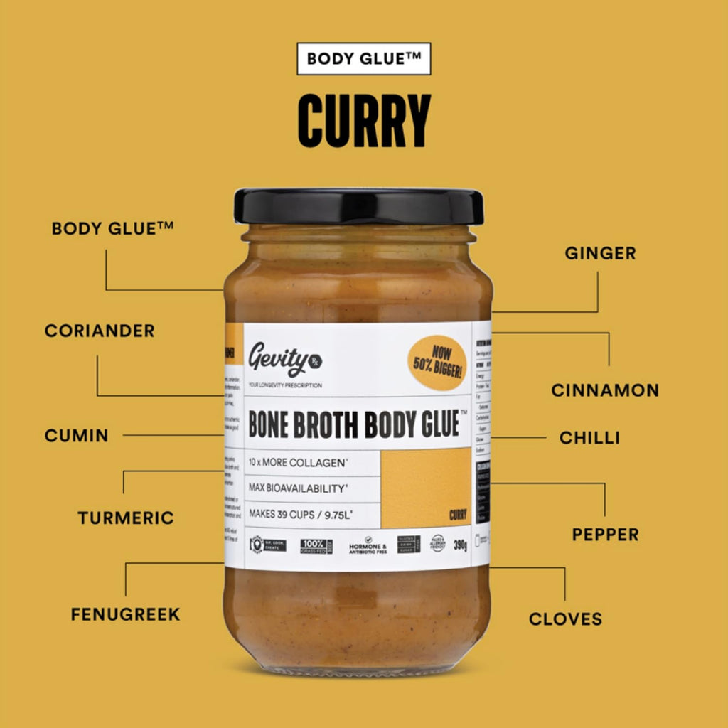 Gevity Rx Bone Broth Body Glue ® - CURRY - Bone Broth - Concentrate - 10x more collagen* - 39 servings - Sip, Cook, Create - 100% Grass Fed Beef Bones- 9.75 Litres, 329 Fl. Oz. (13.75 Ounce, Curry)