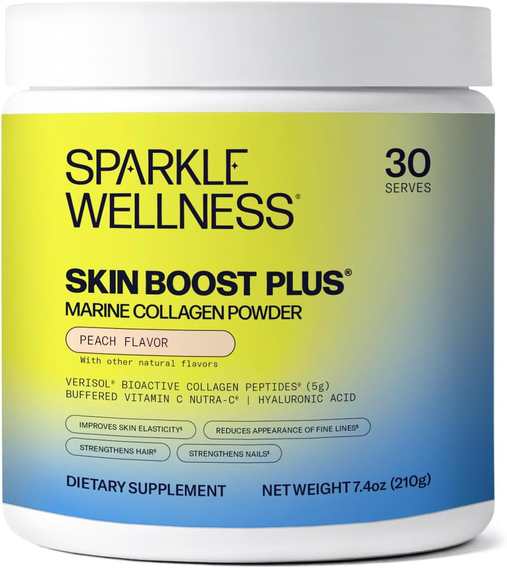 Sparkle Wellness Marine-derived VERISOL Bioactive Hydrolyzed Collagen Peptides | Collagen Powder Supplement with Vitamin C & Hyaluronic Acid | Marine Skin Boost Plus (Peach) [30-Serves]