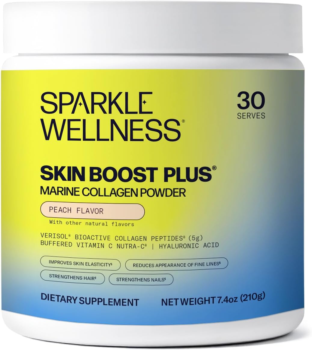 Sparkle Wellness Marine-derived VERISOL Bioactive Hydrolyzed Collagen Peptides | Collagen Powder Supplement with Vitamin C & Hyaluronic Acid | Marine Skin Boost Plus (Peach) [30-Serves]