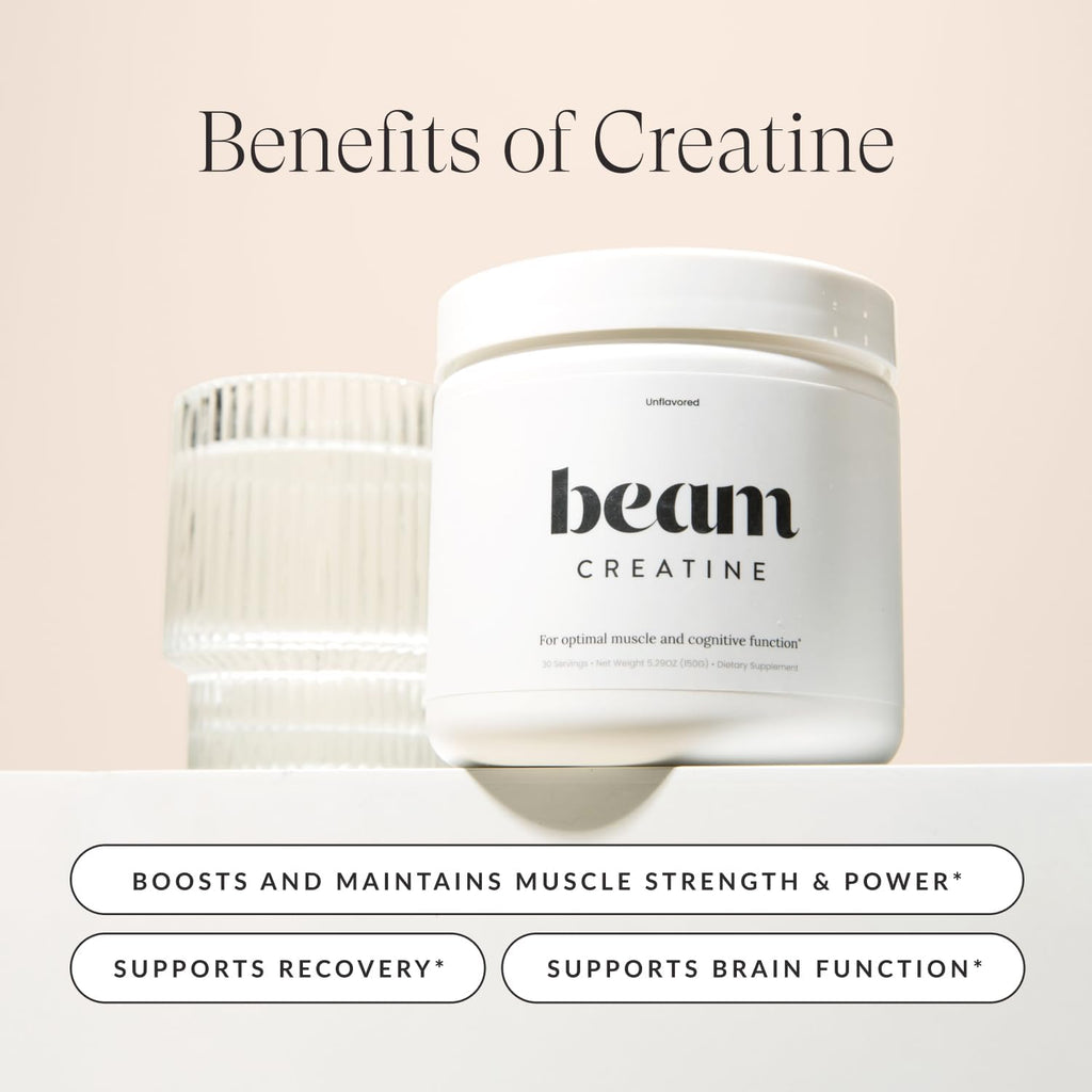 Beam Creatine Monohydrate Powder - Micronized Creatine for Muscle Growth, Strength, Endurance & Recovery - Unflavored, Fast-Dissolving, Workout Supplement for Men & Women, Keto & Vegan - 60 Servings