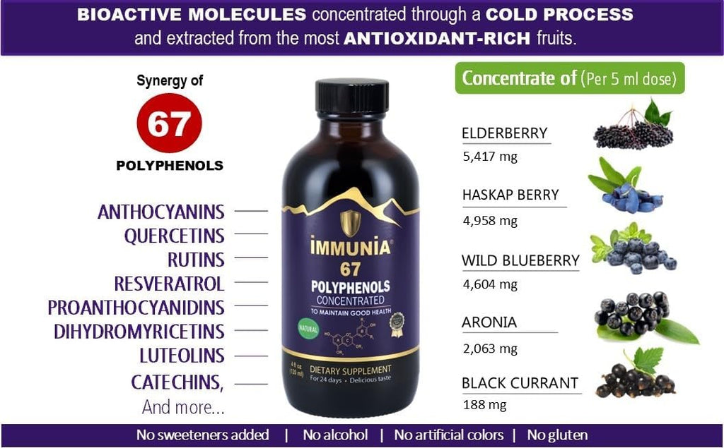 Immunia 67 Polyphenols - Elderberry Concentrate & Antioxidant Fruits. Premium Antioxidant Supplement with 67 Polyphenols (Anthocyanins, Quercetin, Resveratrol, etc.) 24-Day Supply per Bottle (3-Pack)