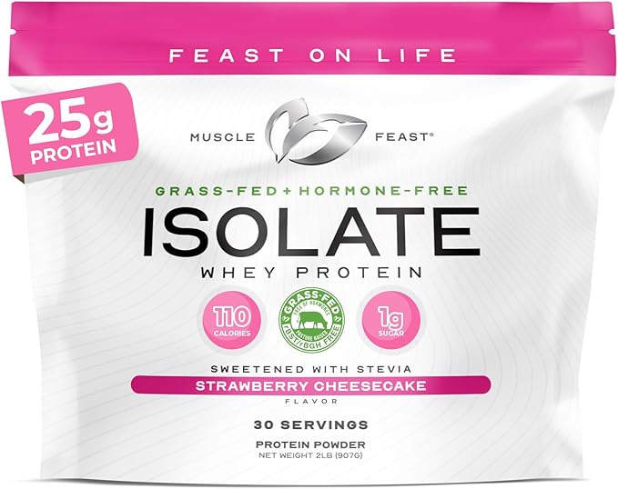 Muscle Feast Grass-Fed Whey Protein Isolate, All Natural Hormone Free Pasture Raised, Whey Isolate Protein Powder for Men and Women, Gluten-Free, Delicious Isolate Protein - Strawberry Cheesecake, 2lb