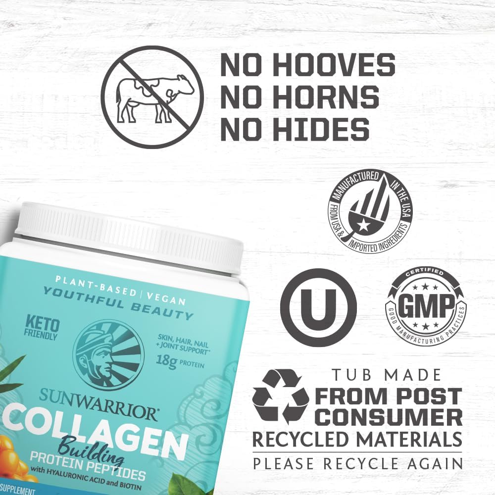 Vegan Collagen Building Powder Protein Peptide with Biotin Vitamin C Hyaluronic Acid Collagen Protein Powder for Hair Skin Nail Dairy Free Gluten Free | Unflavored by Sunwarrior
