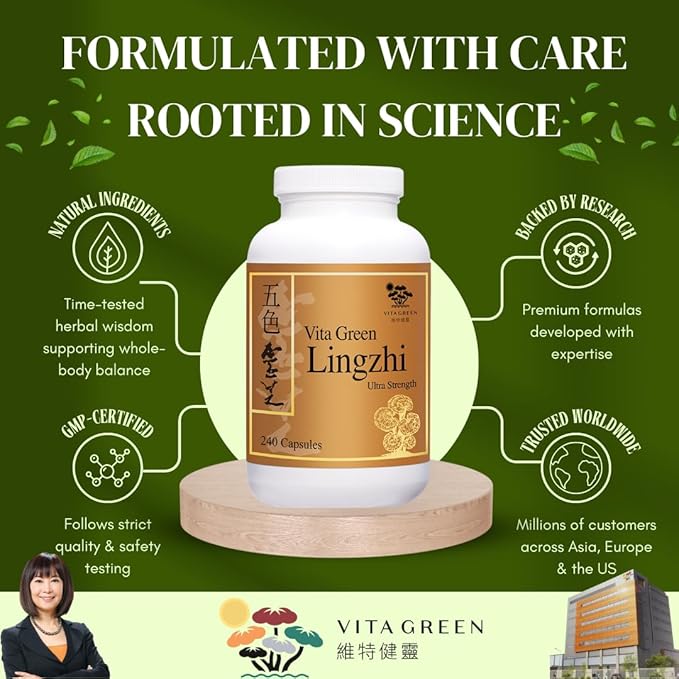 Vita Green Lingzhi Mushroom Supplement (五色靈芝) – Pure Reishi with Natural Antioxidants for Wellness, Energy, and Immune Support for Men & Women – 240 Capsules