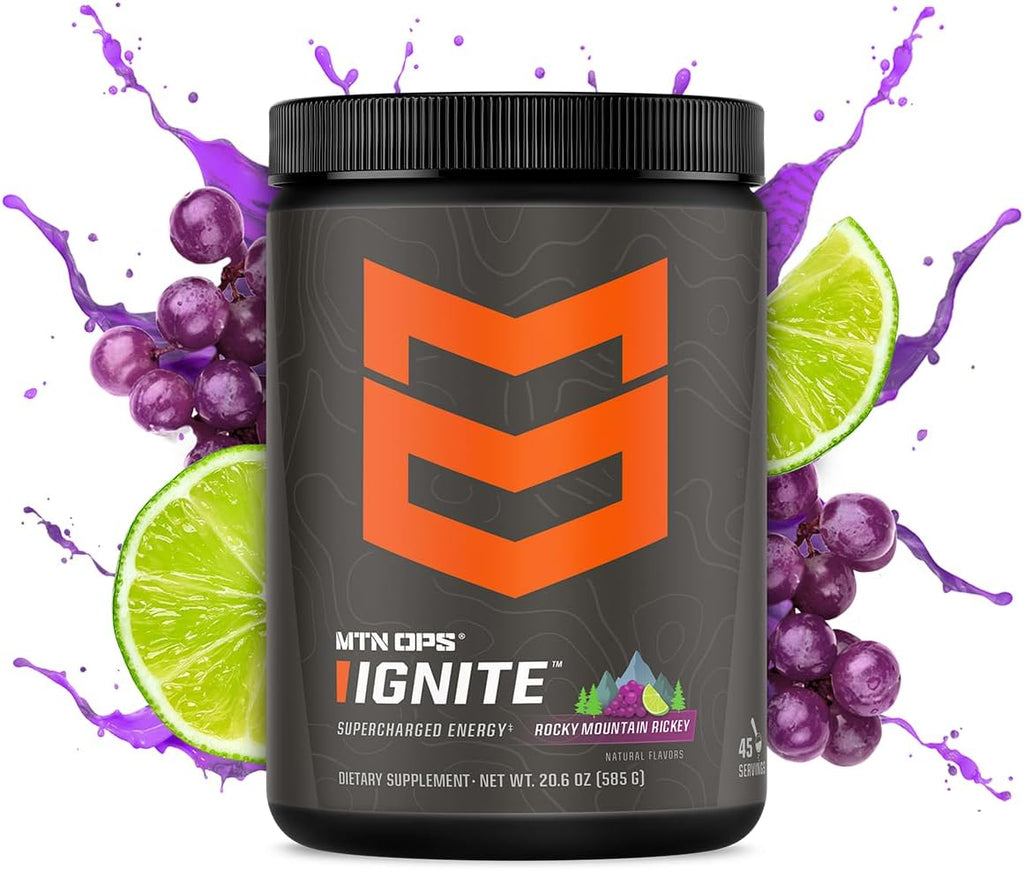 MTN OPS Ignite Energy Drink Powder, Gluten Free Nootropic Supplement Drink Mix, L Arginine, L Citrulline, Caffeine & Nootropic Sugar Free Drink Mix, 45 Servings, Rocky Mountain Rickey