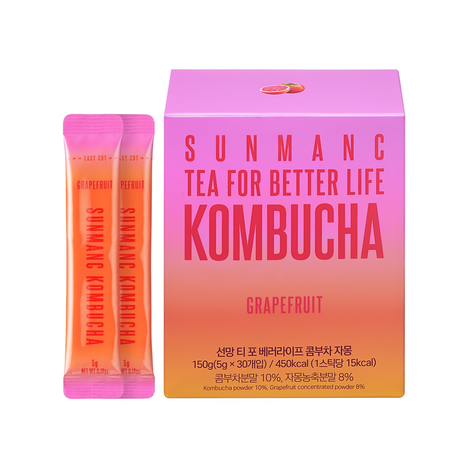 SUNMANC Kombucha 30 packets, Sparkling Probiotic Fermented Drink, Convenient Powdered Drink Mix, Tea Powder, Low Calories, Sugar 0g, Low Caffeine (Grapefruit)