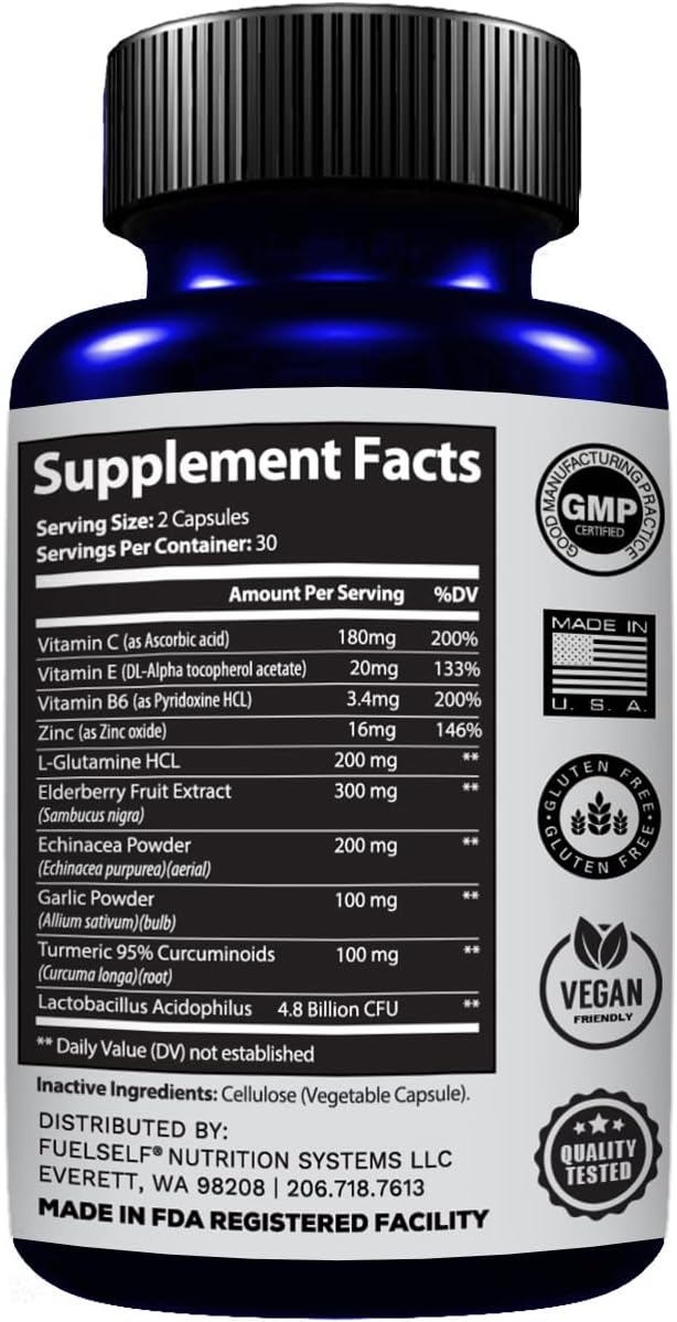 Immune Support Booster Supplement with Elderberry, Vitamin C, Echinacea, Turmeric Curcuminoids, Vitamin E, Vitamin B6, Zinc, L-Glutamine HCL, Garlic, Lactobacillus Acidophilus :: 60 Count, 1 Pack
