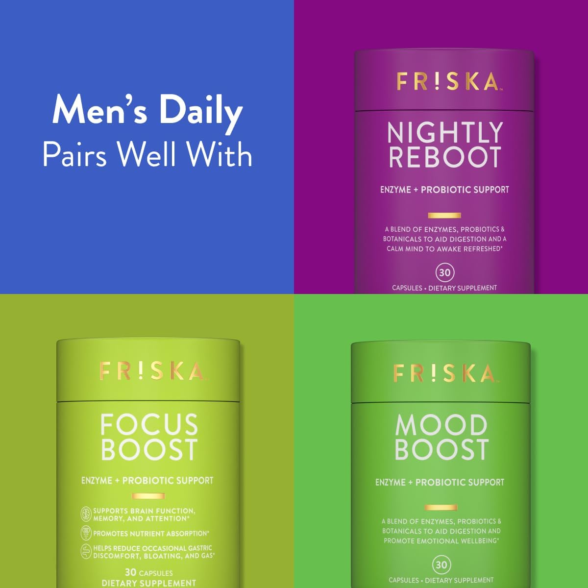 FRISKA Men’s Daily Digestive Enzyme and Probiotics Supplement, Natural Support for Male Digestive Health, Bloating, Gas, Indigestion Relief, Supports Gut Health, Lactase and B-Vitamins, 90 Capsules