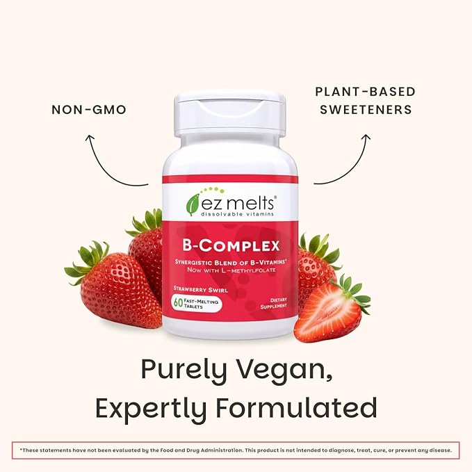 EZ Melts Dissolvable B-Complex - Vitamin B Complex - Provides Energy Metabolism & Heart Health Support - with Methylated B12 & Folate - Non-GMO & Vegan - Strawberry Swirl - 60 Tablets (60 Servings)