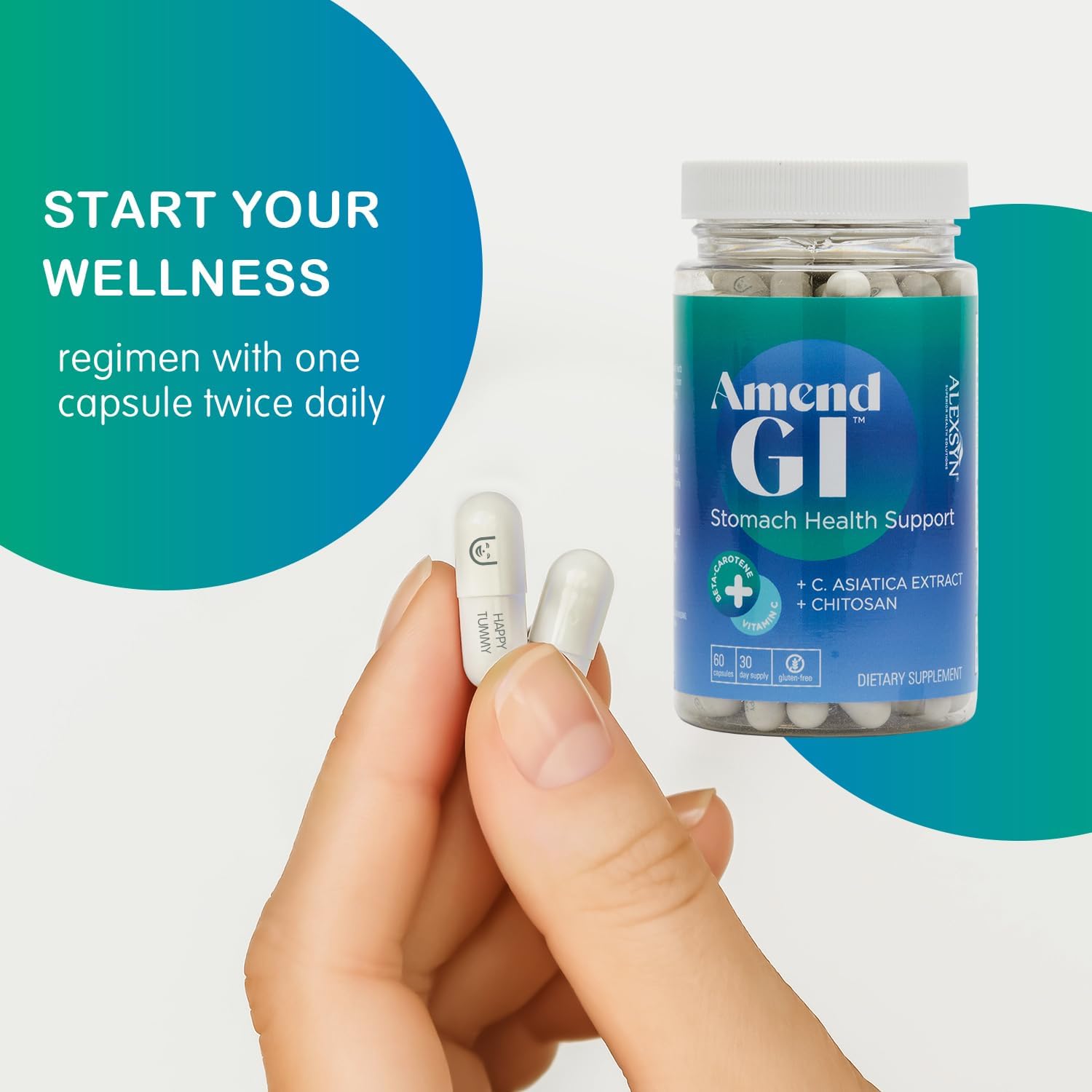 Amend GI All-Natural Stomach Health Support 60 Capsules - Nutraceutical for Stress-Induced Ulcer Symptoms - Supports Healing and Digestive Health with Asiatica Extract & CM Chitosan
