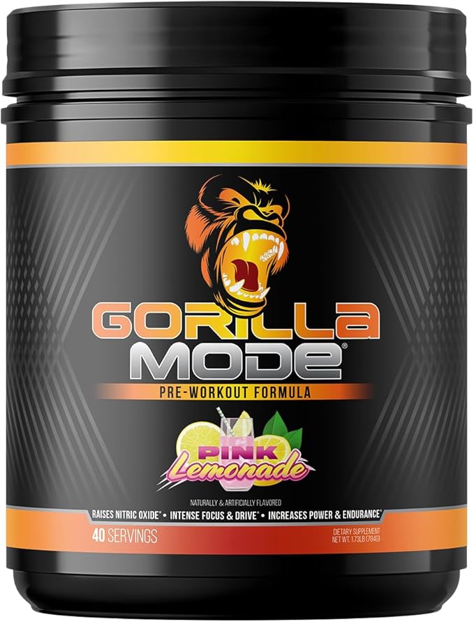 Gorilla Mode Pre Workout - Massive Pumps Laser Focus Energy Power - L-Citrulline, Creatine, L-Tyrosine, Betaine, Hydroprime, Alpha-GPC, 400mg Caffeine, Huperzine A - 784g (Pink Lemonade)