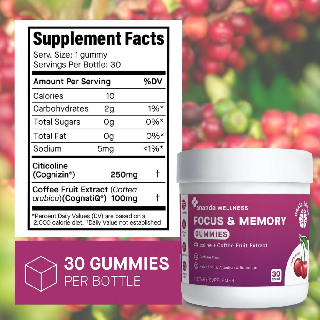 Ananda Wellness Focus & Memory Gummies with Citicoline and Coffee Fruit Extract, Sugar Free Brain Health Supplement, No Artificial Colors, Flavors or Preservatives - 30 Count