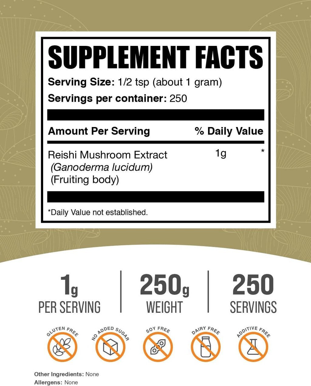 BulkSupplements.com Reishi Mushroom Extract Powder - Reishi Mushroom Powder, Supplement for Overall Well-Being - Gluten Free, 1g per Serving, 250g (8.8 oz) (Pack of 1)