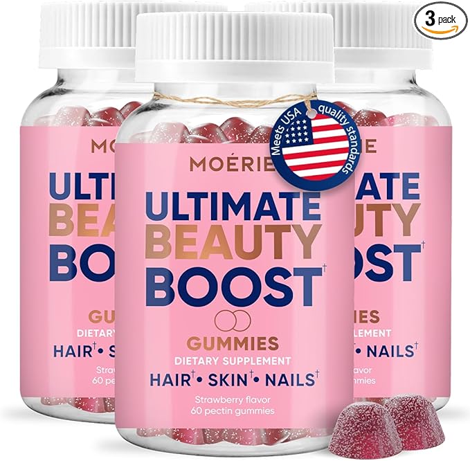 Moerie Hair Skin and Nails Gummies for Women & Men - Biotin for Hair Loss, Gummy Vitamins & Growth Dietary Supplements - Sugarbear for Thicker Hair - Allergen Free - 180 per Serving - Balanced Diet