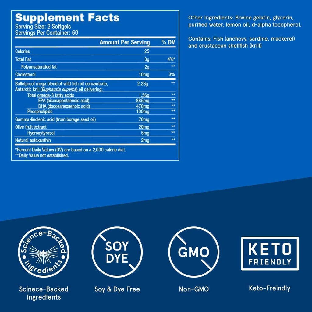 Bulletproof Lemon-Flavored Omega Krill Complex Softgels, 120 Count, Fish Oil Supplement for Brain and Heart Health