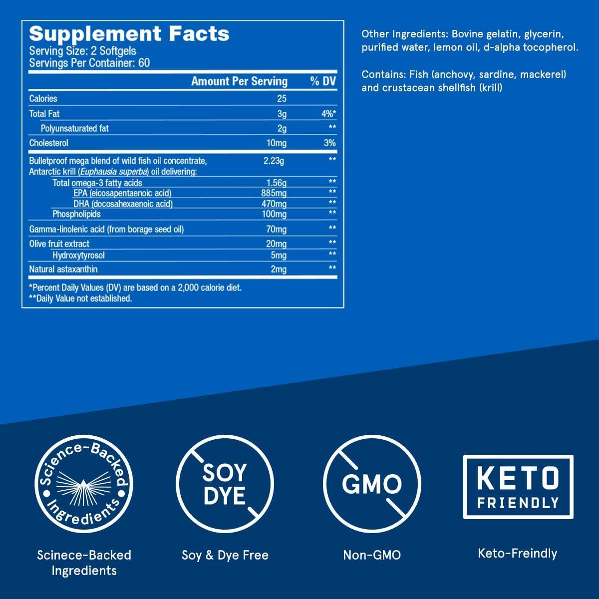 Bulletproof Lemon-Flavored Omega Krill Complex Softgels, 120 Count, Fish Oil Supplement for Brain and Heart Health