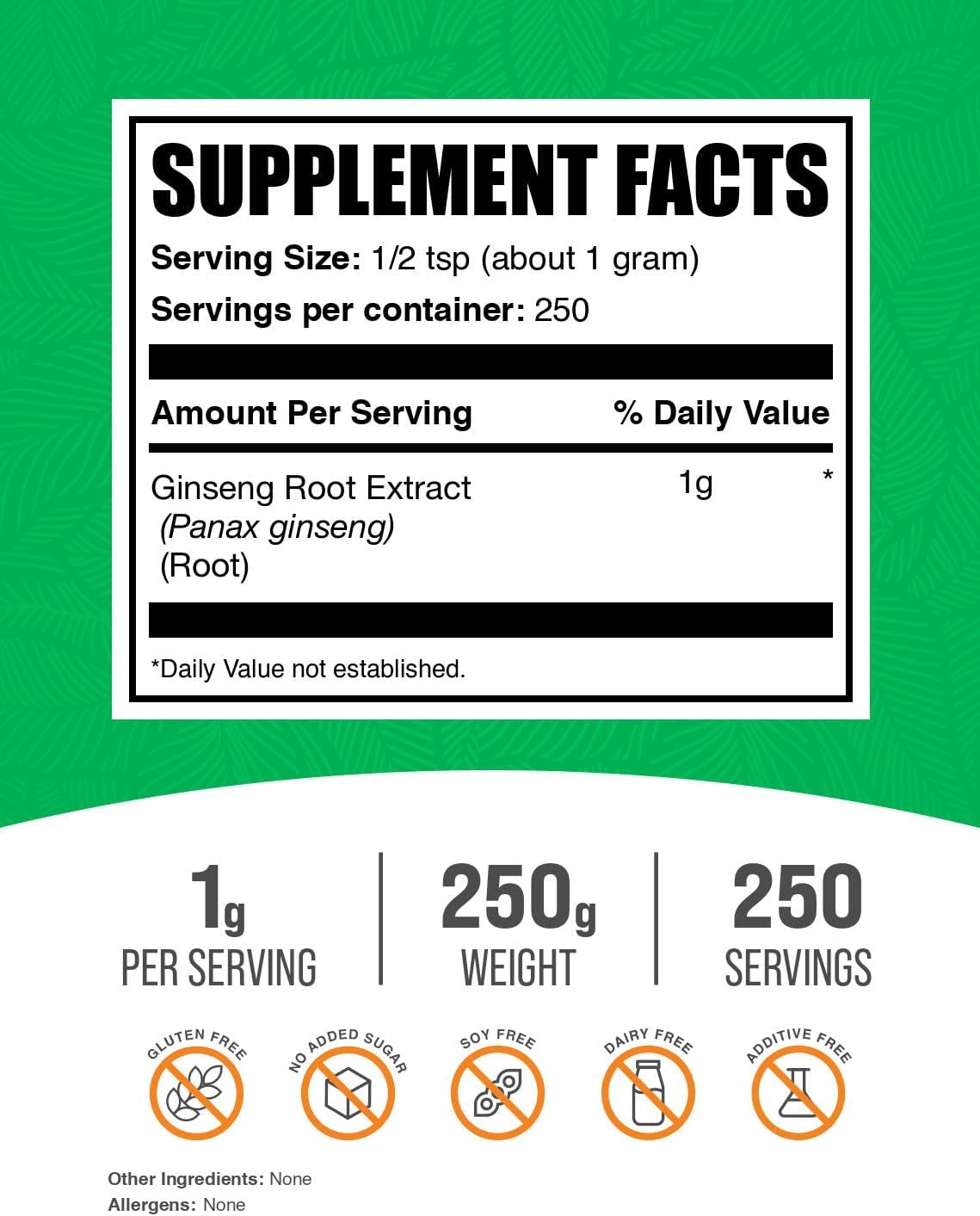 BulkSupplements.com Ginseng Root Extract Powder - Panax Ginseng Supplement, Herbal Supplement - Vegan & Gluten Free, 1g per Serving, 250g (8.8 oz) (Pack of 1)