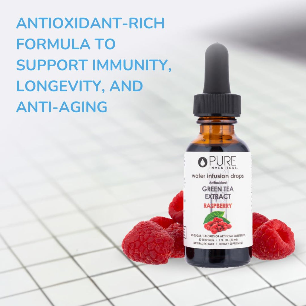 Pure Inventions - Green Tea Raspberry Water Infusion Drops - Antioxidants & Electrolytes - Health & Wellness Drink - Immunity Support - Sugar Free, Zero Calorie, No Artificial Sweeteners - 30 Servings