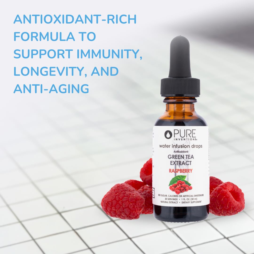 Pure Inventions - Green Tea Raspberry Water Infusion Drops - Antioxidants & Electrolytes - Health & Wellness Drink - Immunity Support - Sugar Free, Zero Calorie, No Artificial Sweeteners - 30 Servings