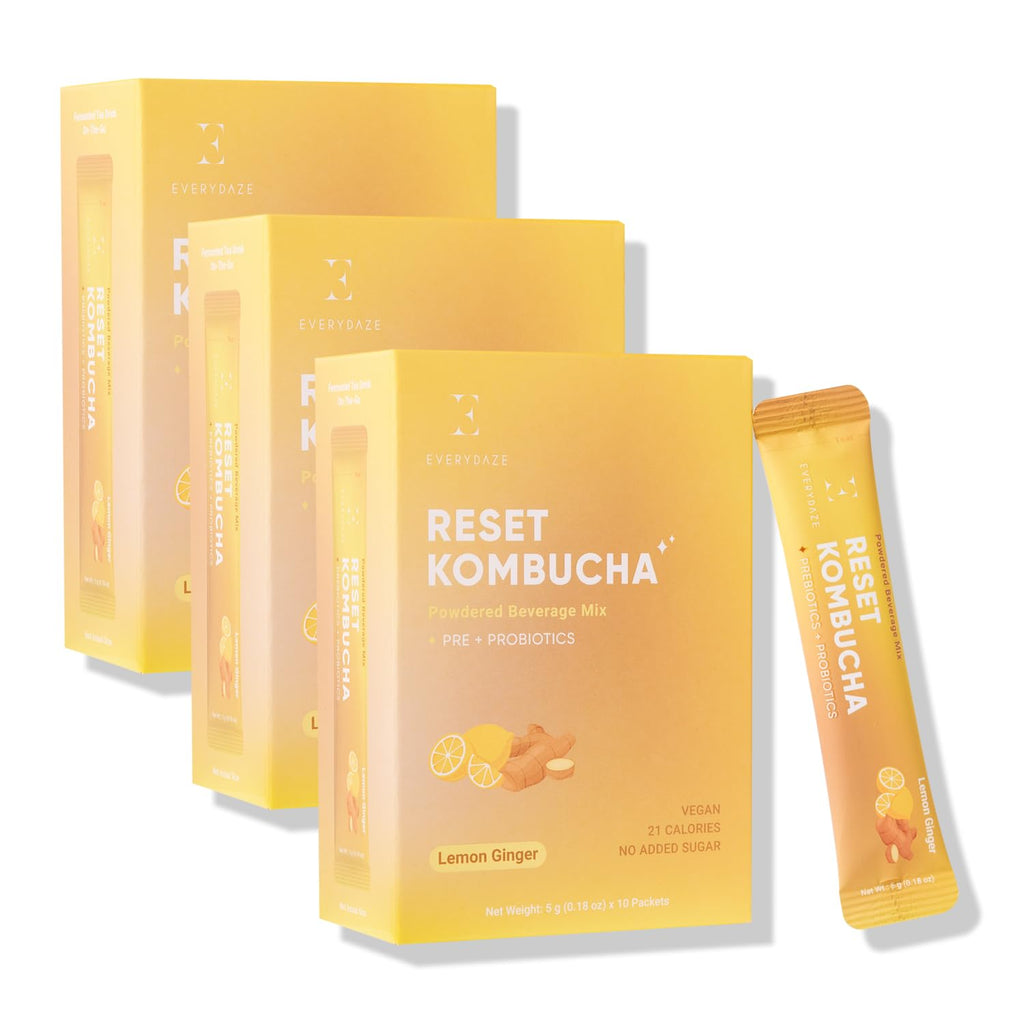 EVERYDAZE Reset Kombucha Tea Powdered Beverage Mix | 30 Pack (3 x 10ct) | Prebiotics + Probiotics | Vegan | No Added Sugar, Low Calorie, Gluten-Free, Sparkling Powder Drink (Lemon Ginger)