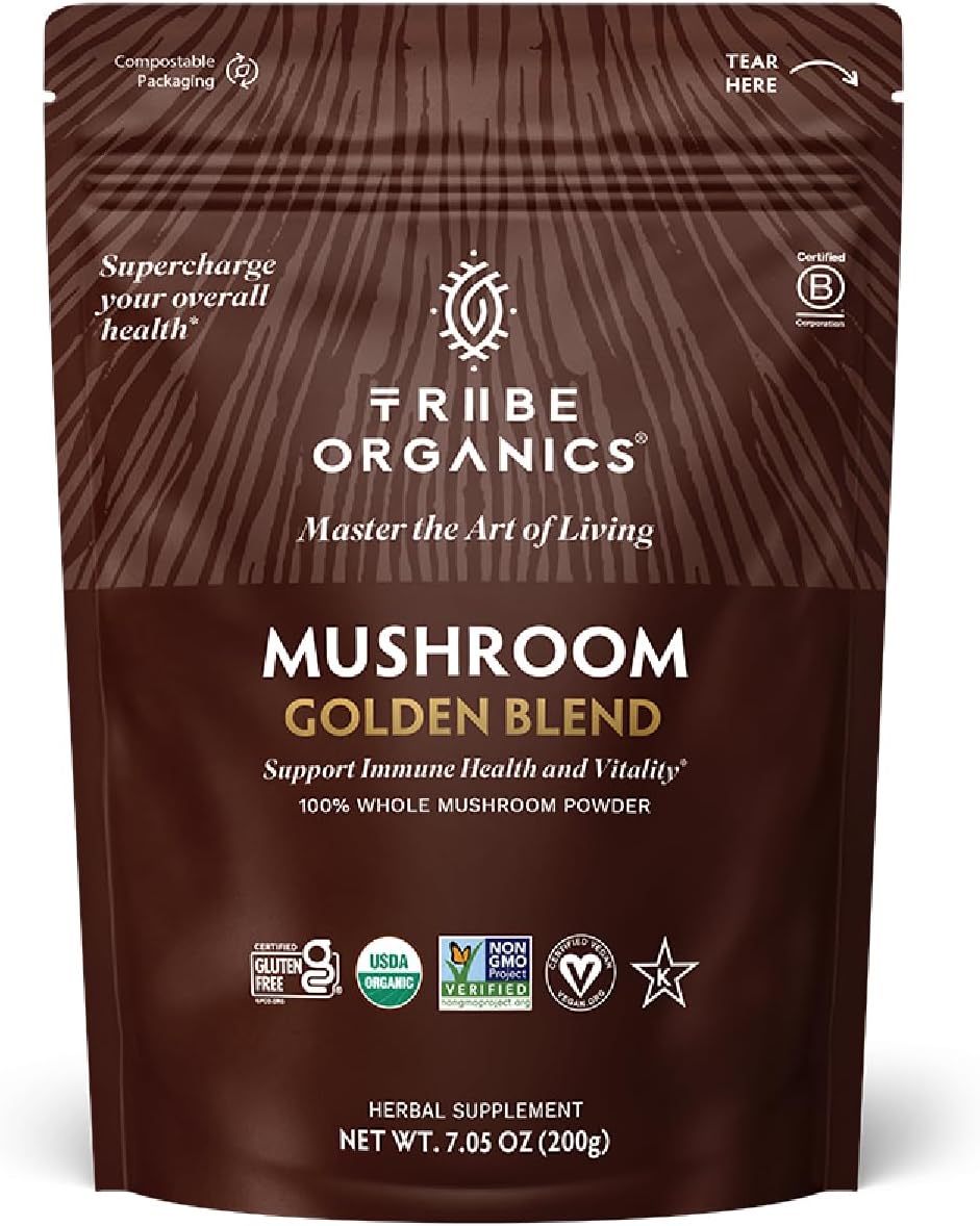 TRIBE ORGANICS Mushroom Golden Blend Powder - Organic Mushroom Powder Complex - 10-in-1 Mushrooms for Immunity Support & Health - 200g Pouch - 100 Servings