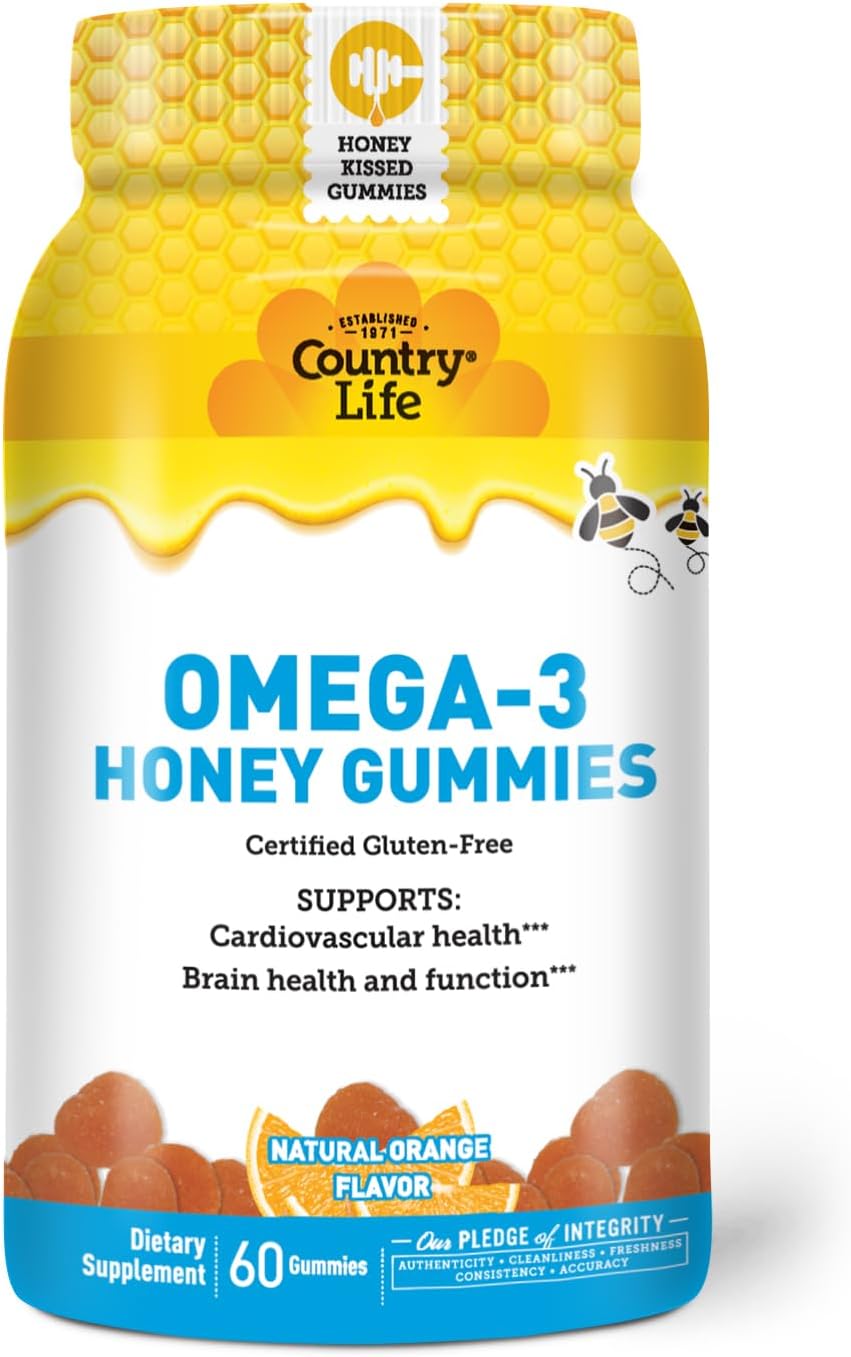 Country Life Omega-3 Honey Gummies – Cardiovascular & Brain Health Support – Non-GMO, Certified Gluten Free – Naturally Sweetened – 60 Gummies