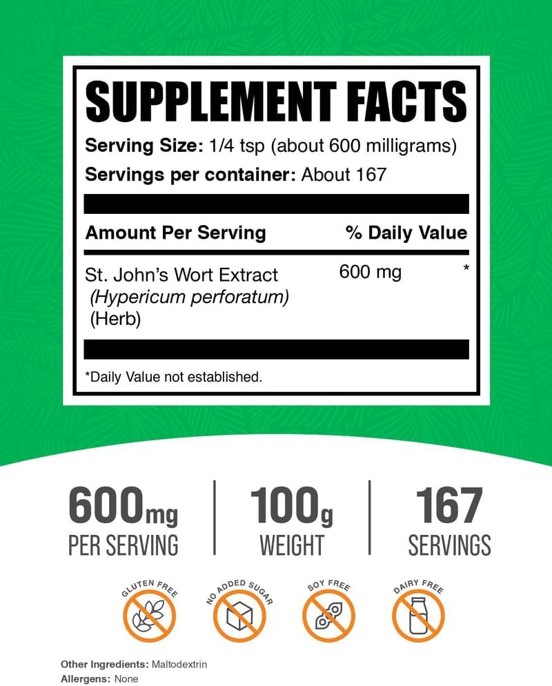 BulkSupplements.com St. John's Wort Extract - St. Johns Wort Supplement, Herbal Supplement for Mood - Vegan & Gluten Free, 600mg per Serving, 100g (3.5 oz) (Pack of 1)
