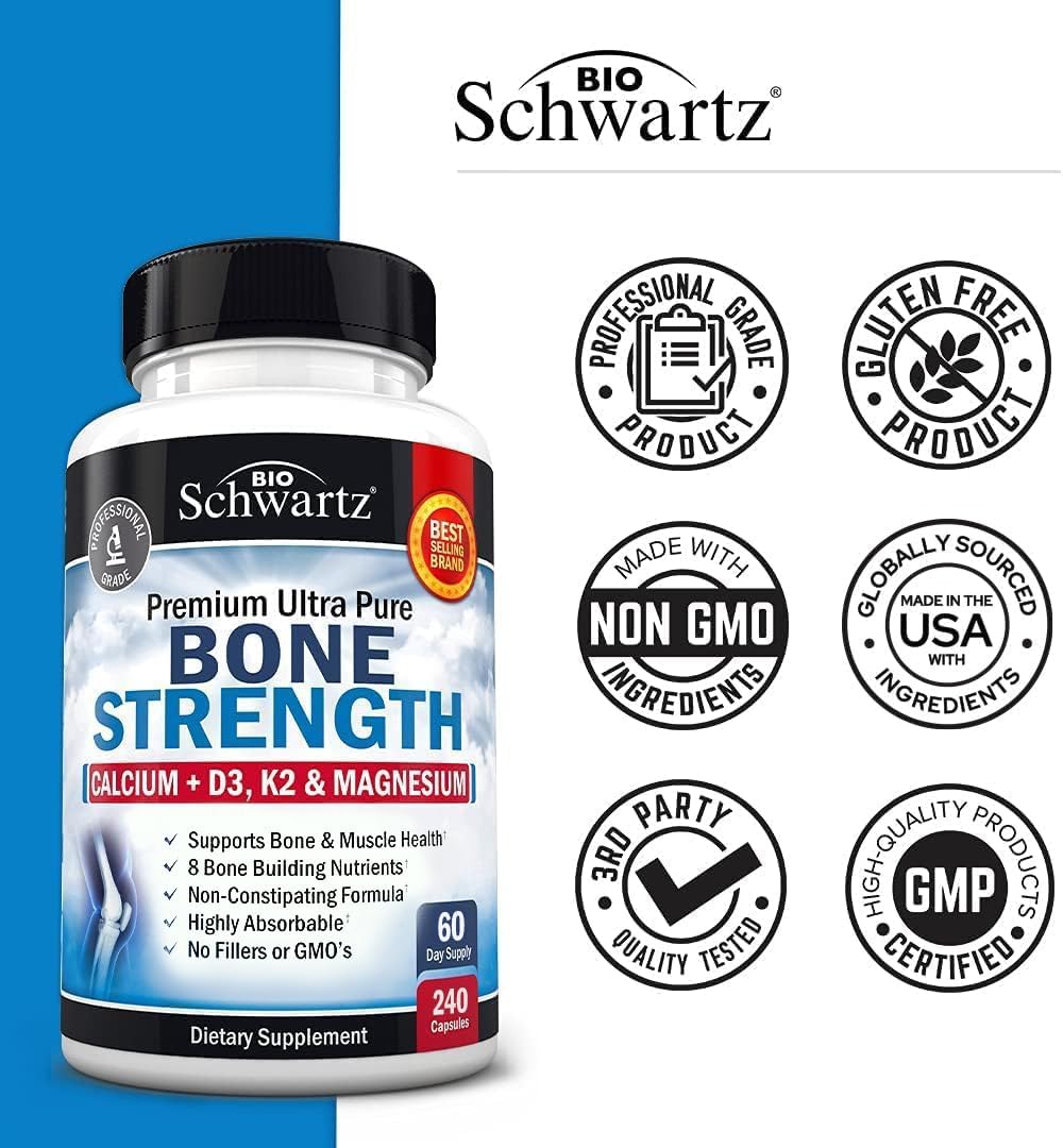 High Absorption Bone Strength Supplement - Gentle Non-Constipating Bone Health Supplement for Women & Men with 9-in-1 Complex with Calcium Magnesium Zinc D3 K2 & More - 3rd Party Tested - 2 Months