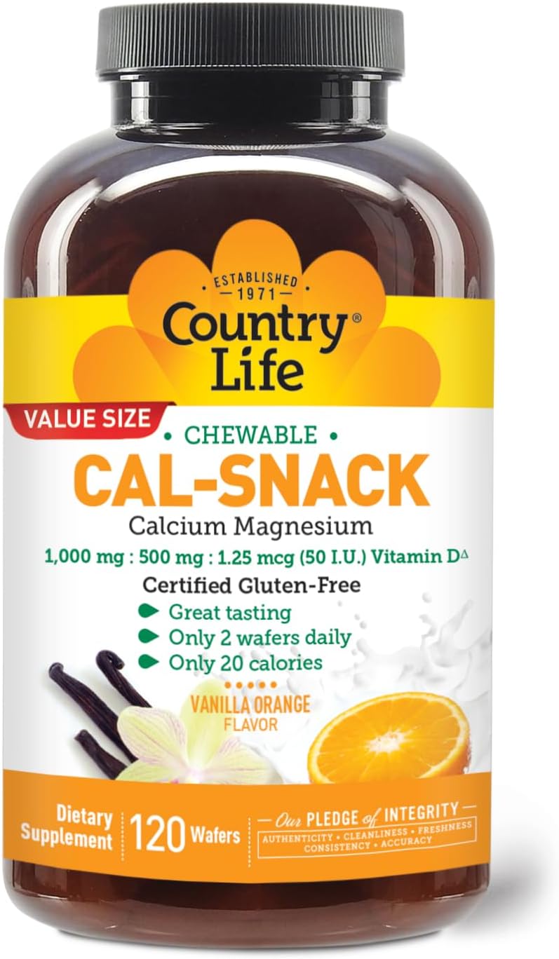Country Life Cal-Snack - Chewable Calcium Magnesium Supplement wafers with Vitamin D3, Easy to Digest, Vanilla Orange Flavor, Dietary Supplement