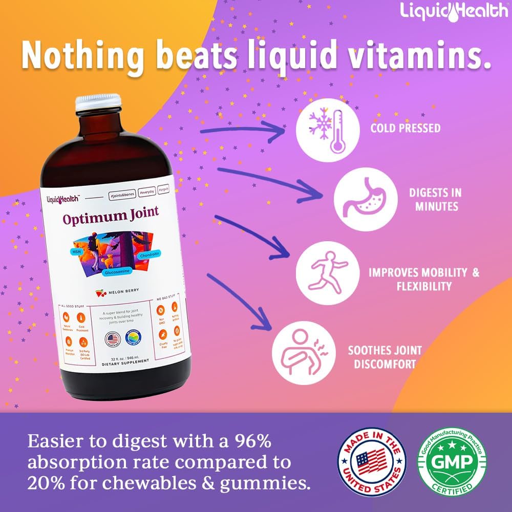 LIQUIDHEALTH Optimum Joint Support Liquid Multivitamin with Glucosamine, Chondroitin, MSM, Hyaluronic Acid - Increase Mobility, Joint Comfort, for Runners & Athletes - Made in USA, Vegan (4 Pack)
