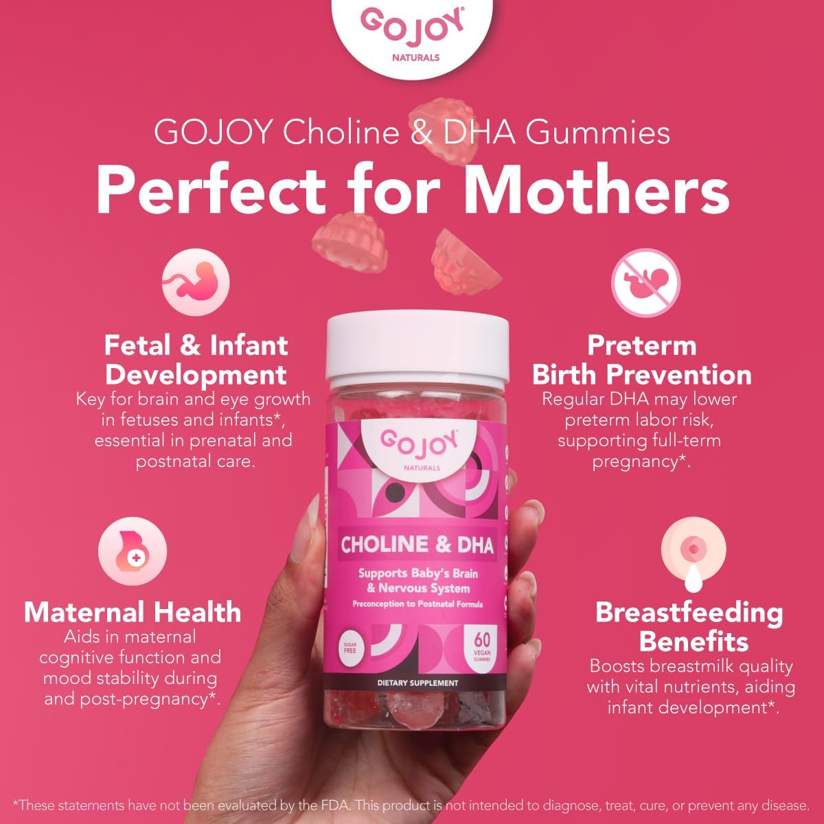 Prenatal Choline & DHA Gummies - Preconception to Postnatal Gummy Vitamin Supplement for Pregnant Women - Sweetened with Monk Fruit - 3rd Party Tested - Non GMO, Gluten Free, Vegan