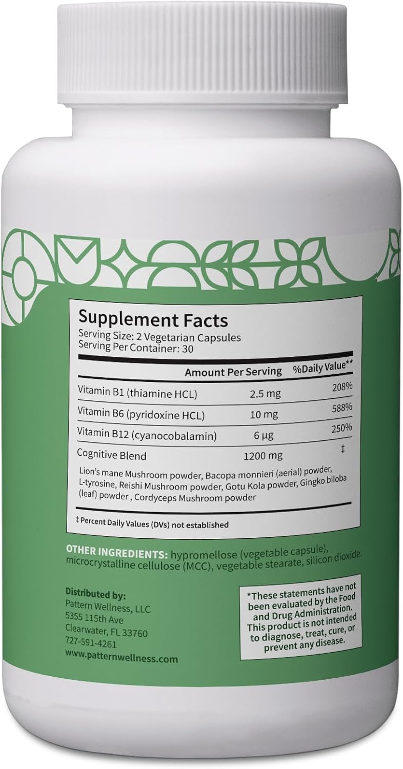 Pattern Wellness Cognitive Complex Supplement – Supports Memory, Focus, Mental Clarity, and Brain Health – Lion’s Mane, Bacopa, B Vitamins – 60 Vegetarian Capsules