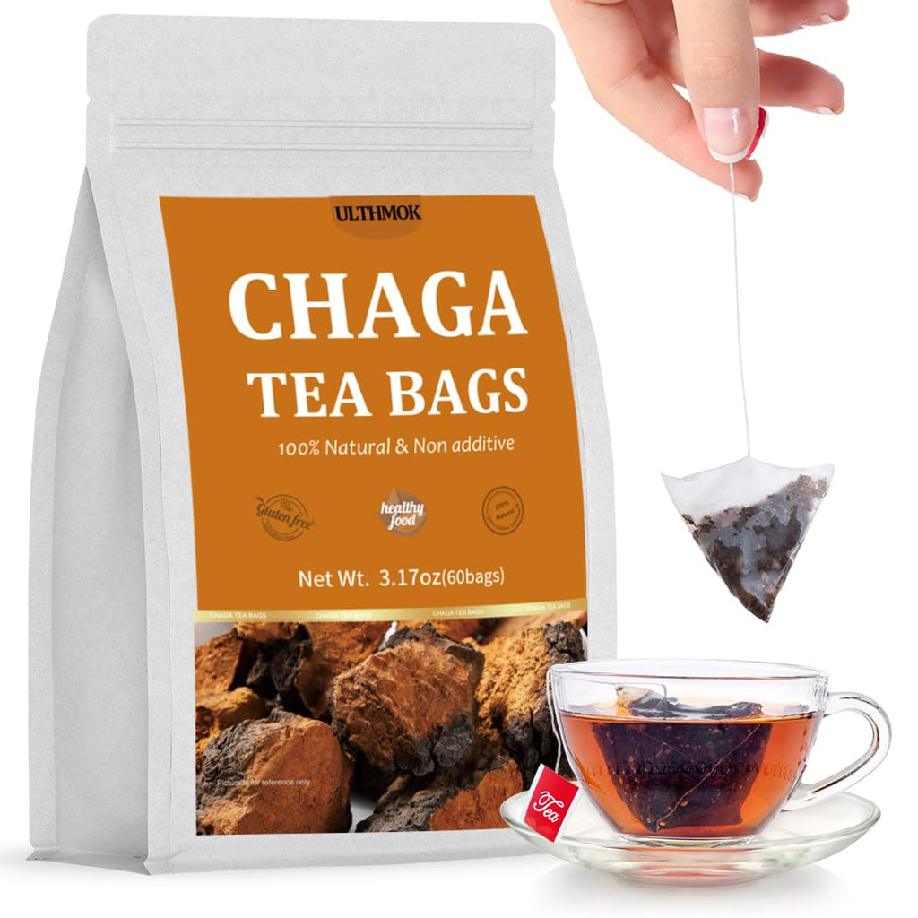 Premium 60 Chaga Tea Bags,100% Pure Siberian Wild Harvest Chaga Mushroom,No Additives,Caffeine Free.