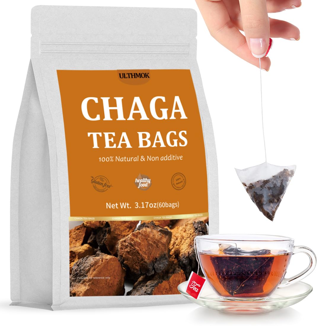 Premium 60 Chaga Tea Bags,100% Pure Siberian Wild Harvest Chaga Mushroom,No Additives,Caffeine Free.