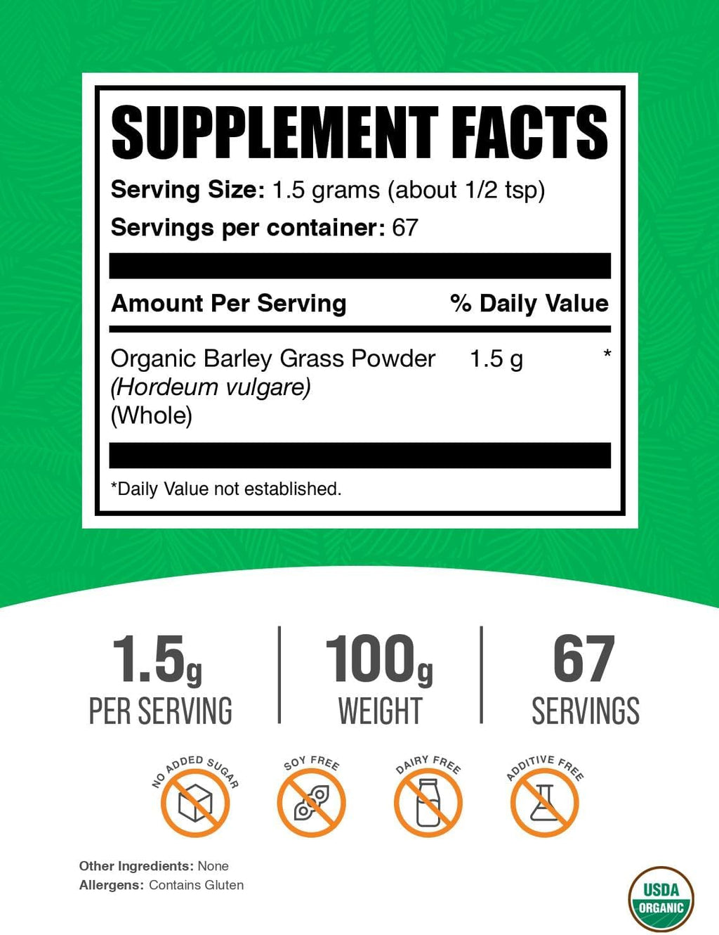 BulkSupplements.com Organic Barley Grass Powder - Green Superfood Powder, Herbal Supplement - Vegan-Friendly, 1.5g per Serving, 100g (3.5 oz) (Pack of 1)