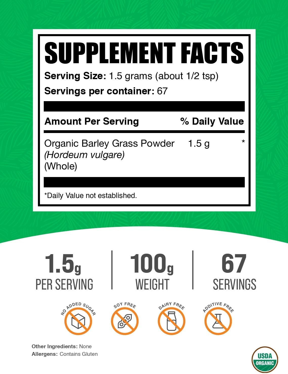 BulkSupplements.com Organic Barley Grass Powder - Green Superfood Powder, Herbal Supplement - Vegan-Friendly, 1.5g per Serving, 100g (3.5 oz) (Pack of 1)