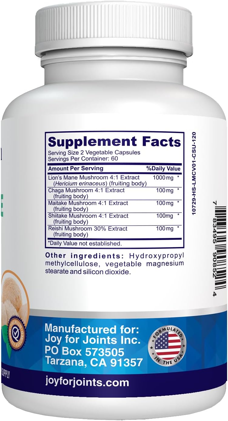 Lions Mane Supplement Capsules - Mushroom Extract: Chaga, Maitake, Reishi & Shiitake Mushrooms | Pure Fruiting Body | Mental Clarity, Focus, Cognitive Support | 120 Veggie Caps