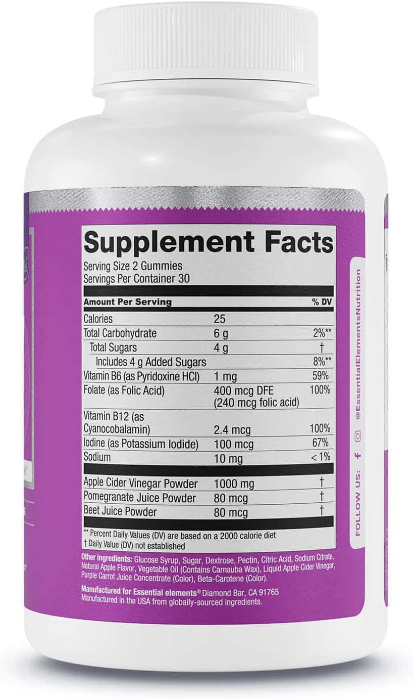 Essential Elements Apple Cider Vinegar Gummies from The Mother - Naturally-Sourced, Vegan ACV with Folic Acid and Vitamin B6 & B12 60 Count