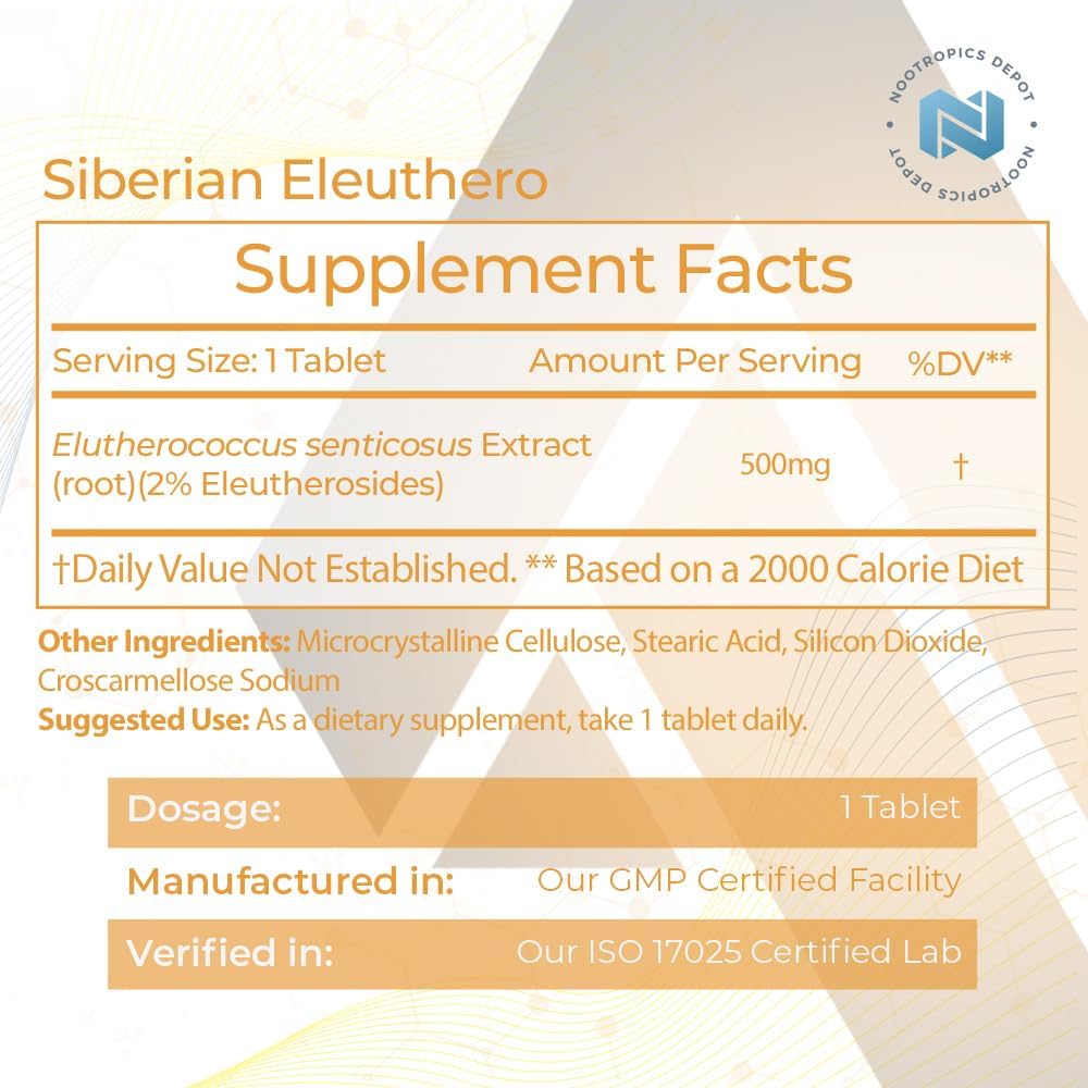 Nootropics Depot Siberian Eleuthero Tablets | 500mg | 180 Count | 2% Eleutherosides | Eleutherococcus senticosus | Endurance, Metabolic, & Memory Support