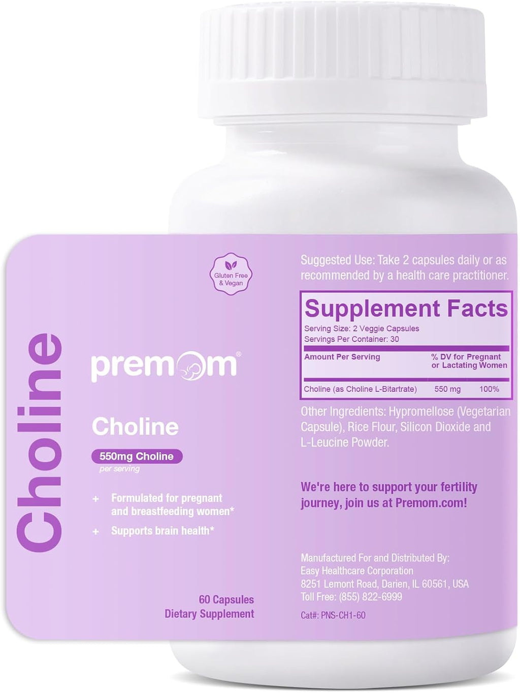 Premom Prenatal Choline Bitartrate Supplement: 550mg for Cognitive Development Meet Daily Needs– Nutritional Support for Pregnancy & Metabolism, Baby Brain Development – 60 Capsules, 30 Days Supply