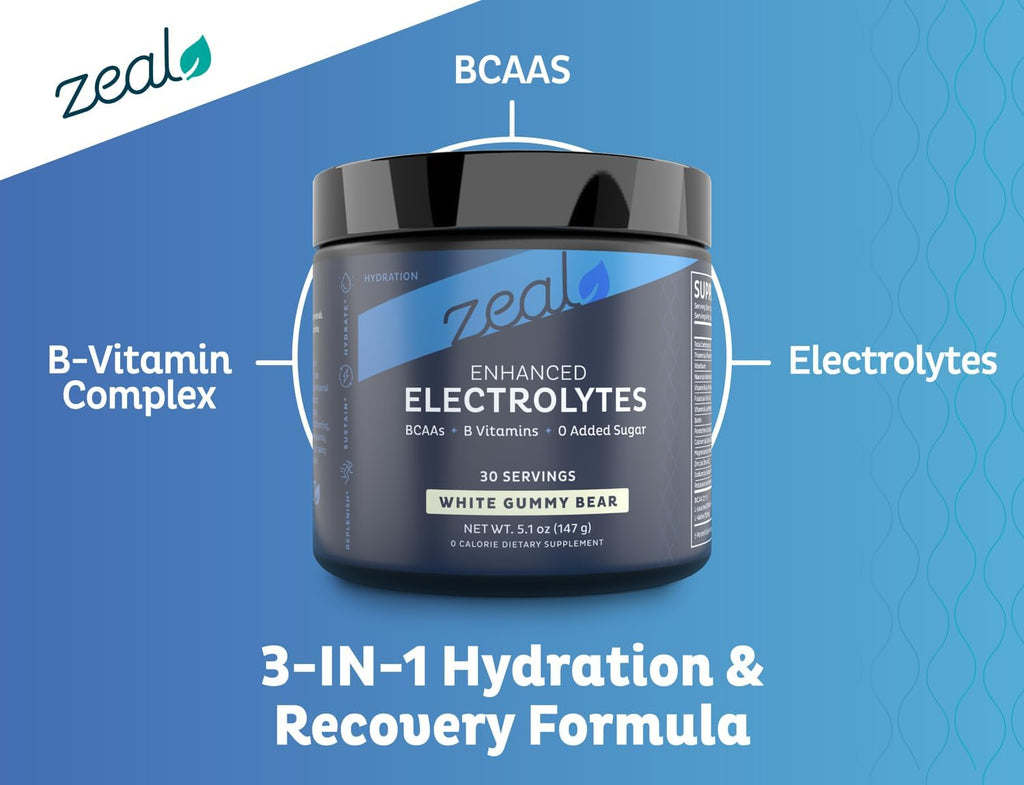 Zeal Electrolyte Powder Recovery Drink (30 Servings | White Gummy Bear) w 0 Sugar +BCAAs +B-Vitamins Electrolyte Supplement w Potassium Zinc & Magnesium for Hydration - Keto Electrolytes