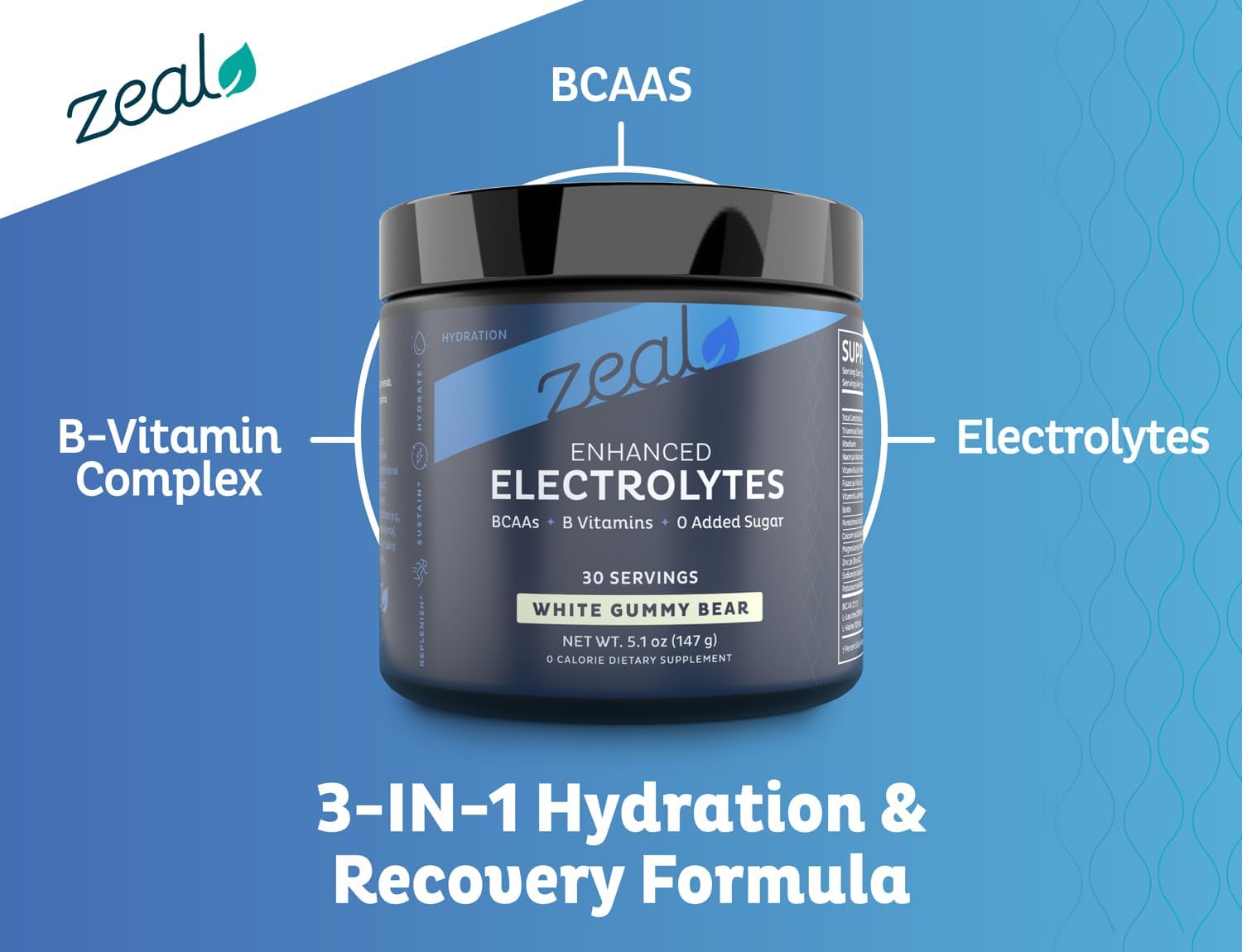 Zeal Electrolyte Powder Recovery Drink (30 Servings | White Gummy Bear) w 0 Sugar +BCAAs +B-Vitamins Electrolyte Supplement w Potassium Zinc & Magnesium for Hydration - Keto Electrolytes